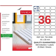 Tanex TW-2036 45X30 mm Inkjet / Laser A4 Etiket Yetkili Satıcı (25 Adet)