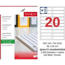 Tanex TW-2020 95X26 mm Inkjet / Laser A4 Etiket Yetkili Satıcı (100 Adet)