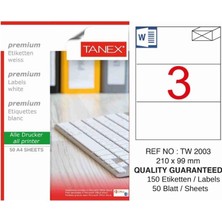 Tanex TW-2003 210X99 mm Inkjet / Laser A4 Etiket Yetkili Satıcı (50 Adet)