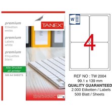 Tanex TW-2004 99,1X139 mm Inkjet / Laser A4 Etiket Yetkili Satıcı (500 Adet)