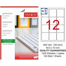 Tanex TW-2012 63,5X72 mm Inkjet / Laser A4 Etiket Yetkili Satıcı (100 Adet)