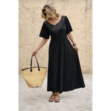 Serac Collection Kadın Kısa Kollu Dantel Güpür Detay V Yaka Maxi Boy Elbise