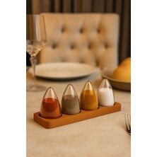 Feyza Design Şeffaf Mika Tuzluk Biberlik Baharatlık Seti 4'lü Ahşap Standlı