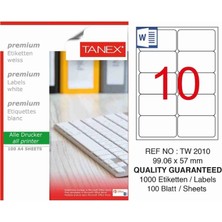 Tanex TW-2010 99,06X57 mm Inkjet / Laser A4 Etiket Yetkili Satıcı (100 Adet)