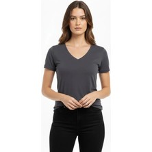 Melen Moda T-Shirt V Yaka Slim Fit Likralı Tişört Günlük Basic Body - Füme