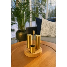 Feyza Design Paslanmaz Çelik Gold Tuzluk, Biberlik ve Kürdanlık Ahşap Standlı Set