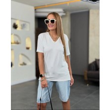 Gökyüzü Moda Kadın Kısa Kollu V Yaka Bluz