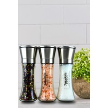 Feyza Design 3'lü Metal Başlıklı Cam Karabiber ve Tuz Öğütücü Set 235G
