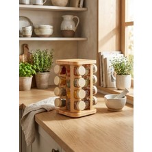 Feyza Design 12'li Ahşap Desenli Döner Standlı Kare Baharatlık 140 ml Set