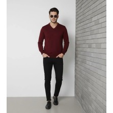 Glam Love V Yaka Triko Kazak Yumuşak Dokulu Pamuklu Ince Dokuma, Uzun Kollu Rahat Regular Kalıp - Bordo