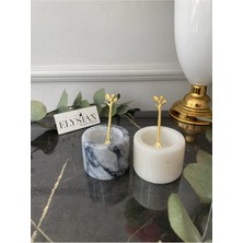 Feyza Design El Yapımı Mermer Tuzluk ve Biberlik Seti, Gold Kaşıklı, Beyaz-Gri