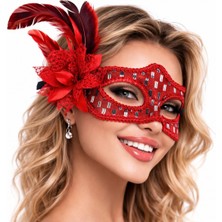 Ecoport Kırmızı Tüylü Balo Maskesi