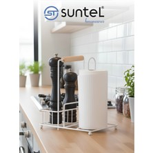 Feyza Design Beyaz Metal Ahşap Saplı Tezgah Üstü Kağıt Havluluk ve Baharatlık Standı