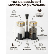 Feyza Design Gold Detaylı 2'li Standlı Cam Tuzluk Biberlik Seti, Lüks Sofralık Baharat Takımı
