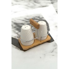 Feyza Design Bambu Standlı Porselen Tuzluk ve Karabiberlik Seti, Şık ve Kullanışlı