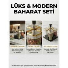 Feyza Design 4'lü Lüks Cam Baharatlık Seti, Gold Detaylı Metal Kapaklar ve Standlı