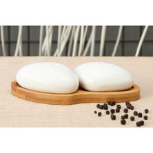 Feyza Design Bambu ve Porselen Tasarım Tuzluk ve Biberlik Seti, Şık ve Kullanışlı 16X3,5CM