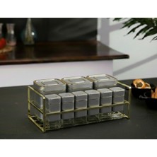Feyza Design Kare Vakum Kapaklı Cam Baharatlık Seti ve Metal Stant, 9'lu Baharat Takımı