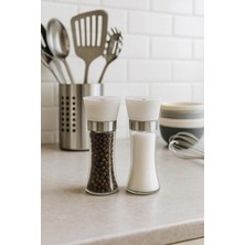 Feyza Design Cam Gövdeli Metal Krom Kapaklı Tuz ve Karabiber Öğütücü 1 Adet