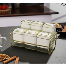 Feyza Design 6'lı Kare Vakum Kapaklı Cam Baharatlık Seti ve Metal Stant