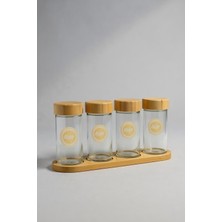 Feyza Design 4'lü Bambu Kapaklı Cam Baharatlık Seti, Şık ve Kullanışlı Standlı Kavanozlar