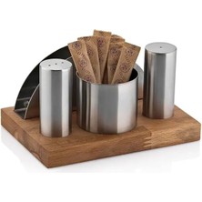 Feyza Design 4lü Tuzluk Takımı, Ay Peçetelikli, Ahşap Standlı, Şekerlikli Set