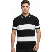Glam Love Erkek T-Shirt Çizgili Triko Dokuma Kumaş Polo Yaka Yarım Fermuarlı Regular Kalıp Tişört - Siyah