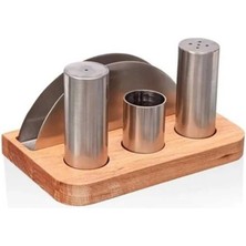 Feyza Design Modern Metal Tuzluk ve Peçetelik Takımı, Ahşap Standlı, 4'lü Set
