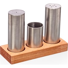 Feyza Design Şık Ahşap Standlı Paslanmaz Çelik Tuz Biber ve Kürdanlık Seti