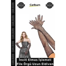 Carlburn #eldiven Şık Iddialı Zarif Likralı Uzun Siyah Renk Incili Elmas Işlemeli File Örgü Uzun Eldiven