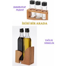 Feyza Design Şık Ahşap Standlı 2'li Yağlık ve 3'lü Baharat Takımı Seti