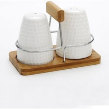 Feyza Design Bambu Standlı Porselen Tuzluk Seti, Şık ve Kullanışlı Mutfak Aksesuarı