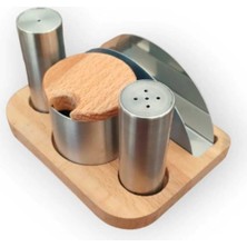 Feyza Design Ahşap Standlı Baharat Seti, Tuzluk ve Biberlikli Peçeteliğiyle Şık Tasarım