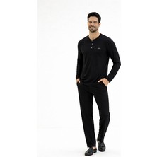 Erkek Siyah Uzun Kollu Patlı 2'li Pamuk Pijama Takımı