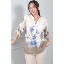 By Saygı Kadın Önü Yarım Düğmeli Pul Detaylı Tek Cepli Oversize Ithal Keten Gömlek