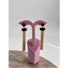 Cadde Dükkanı Doğal Taş Desenli Püsküllü Premium Çelik Küpe Kırmızı