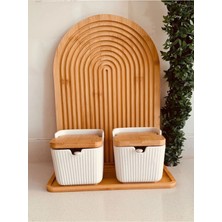 Feyza Design Bambu Kapaklı Porselen Tuzluk ve Biberlik Takımı, 300 Ml, Standlı Set