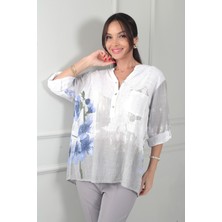 By Saygı Kadın Önü Yarım Düğmeli Pul Detaylı Tek Cepli Oversize Ithal Keten Gömlek