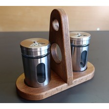 Feyza Design Ahşap Kayın Ağacı 2'li Baharatlık Seti, Ayarlanabilir Çelik Kapaklı Cam Tuzluklar