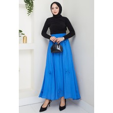 inStyle Fiyonk Detay Beli Lastikli Saks Mavisi Etek