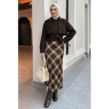 inStyle Ekose Desenli Acı Kahve Saten Etek