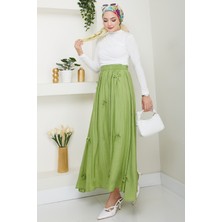 inStyle Fiyonk Detay Beli Lastikli Fıstık Yeşili Etek