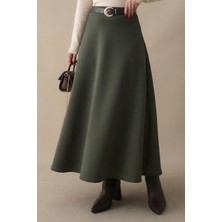 inStyle Kloş Beli Lastikli Haki Scuba Etek Polyester Konforlu ve Şık Tasarım