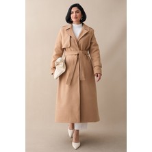 inStyle Tek Kapaklı Cepli Kuşaklı Camel Kaşe Kaban