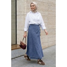 inStyle Bağlama Detay Kloş Mavi Kot Etek