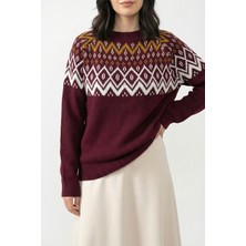 inStyle Yakası Desenli Bordo Triko Kazak