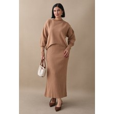 inStyle Balon Kollu Elbiseli Camel Triko Takım