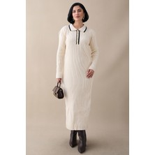 inStyle Yakası Biyeli Ekru Triko Elbise