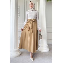 inStyle Pileli Kuşak Detay Bej Etek