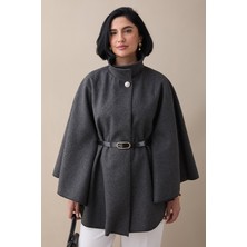 inStyle Kemerli Kaşe Antrasit Kısa Panço